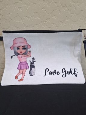 Woman Girl Golfing "Love Golf" Wristlet Zippered White Wristlet Canvas Bag Purse